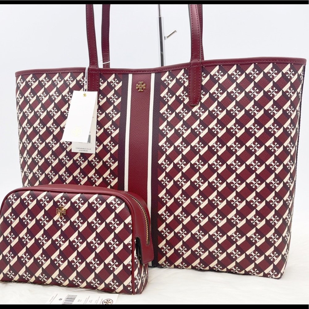 Tory Burch Burgundy and White Patterned Tote